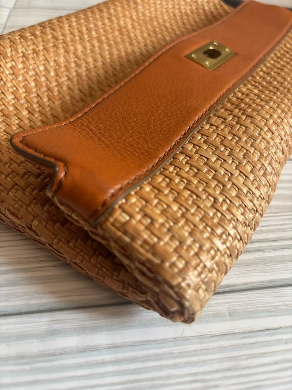 J. Crew Woven Straw Clutch with Tan Leather Trim and Turnlock Closure